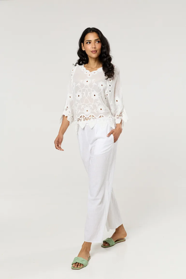 White Floral Lace Cotton Boho Blouse - 8
