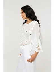 White Floral Lace Cotton Boho Blouse - 6