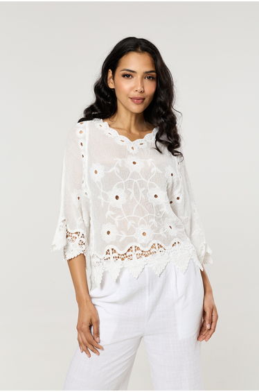 White Floral Lace Cotton Boho Blouse