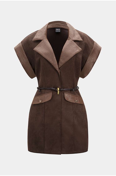 Faux Leather Suede V-Neck Patchwork Belted Sleeveless Mini Dress