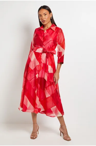 Petite Watercolour Geo Organza Shirt Dress