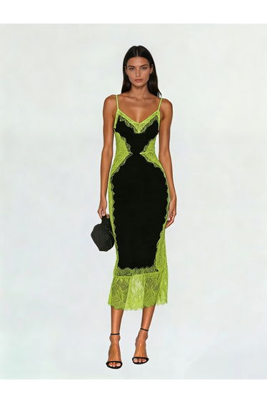 Latham Spaghetti Lace Midi Dress In Black & Chartreuse