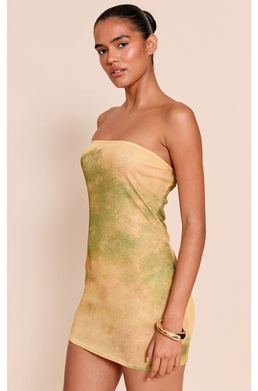 Lime Abstract Print Onion Skin Bandeau Mini Dress