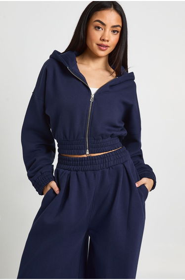 Cropped Double Zip Cinched Waist Hoodie - navy