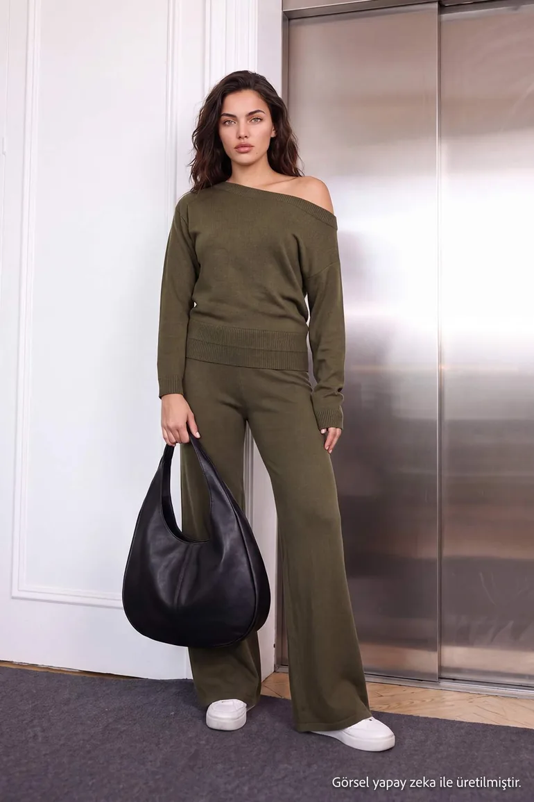 Khaki Boat Neck Detailed Sweater-Pants Knitwear Set - Top and Bottom - 4