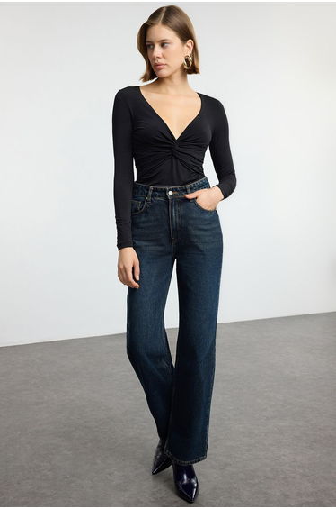 Black Gathered/Drape Detailed Fitted/Body-Smoothing Long Sleeve Flexible Knitted Blouse