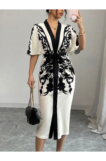 Half Sleeves Flower Print Printed Tied Waist V-Neck Midi Dresses