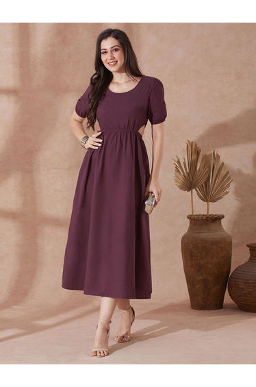 Burgundy Puff Sleeves Cut Out Detail Midi Dress
