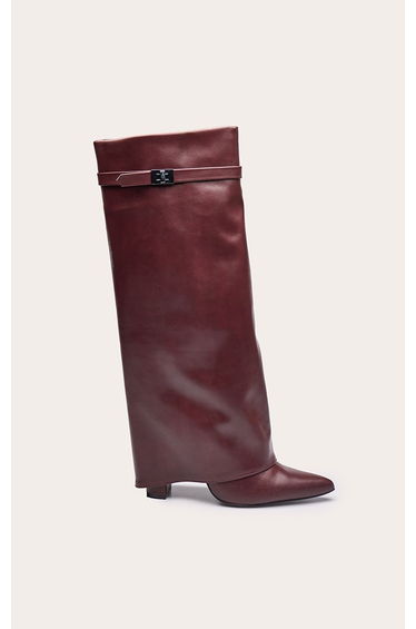 Burgundy Point Toe Fold Over Knee High Block Heeled Boot