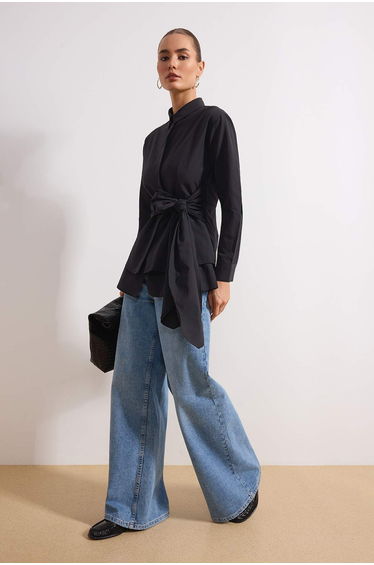 Black Fitted Terrycotton Plain Woven Hijab Shirt