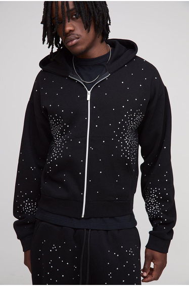Tall Shrunken Rhinestone Zip Through Hoodie - black