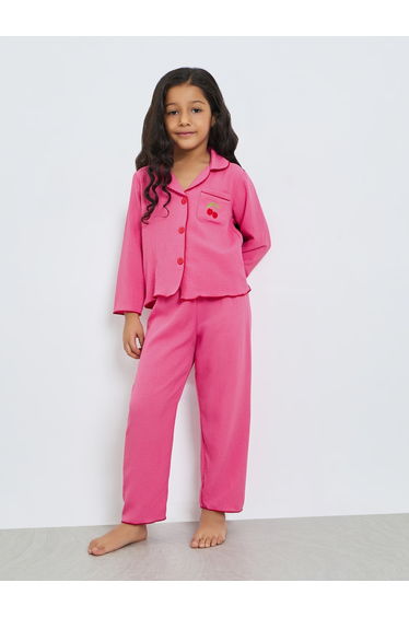 Girls Textured Long Sleeve Shirt and Pyjama Set