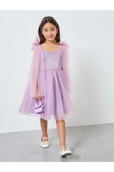 Girls Bow Sleeveless Cape Detail Mesh Dress