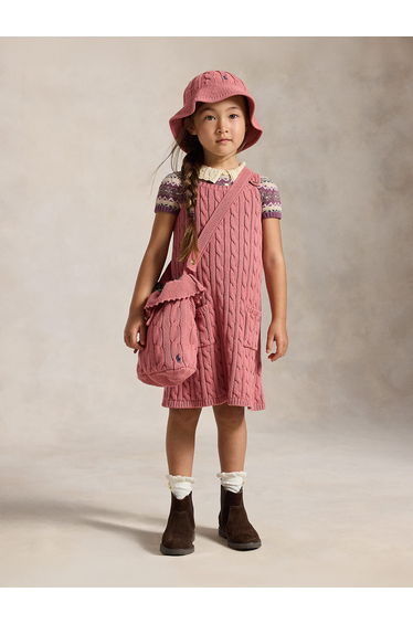 Ralph Lauren Girls Cable Knit Pinafore Dress in Pink