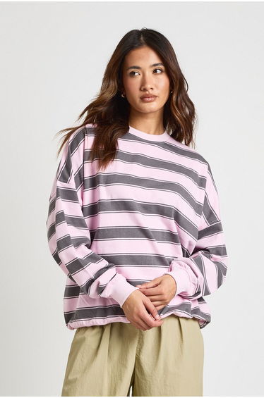 Striped Oversized Crew Neck Sweatshirt - light pink