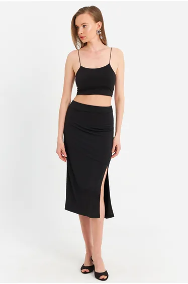 Women's Black Rope Strap Crop Skirt Suit