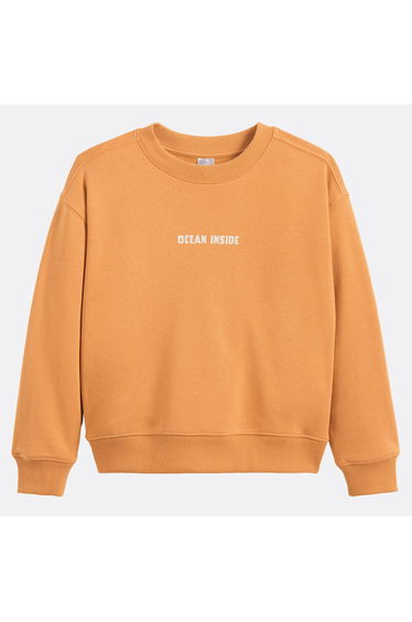 Crew Neck Fleece Sweatshirt with Slogan On Front and Print On Back