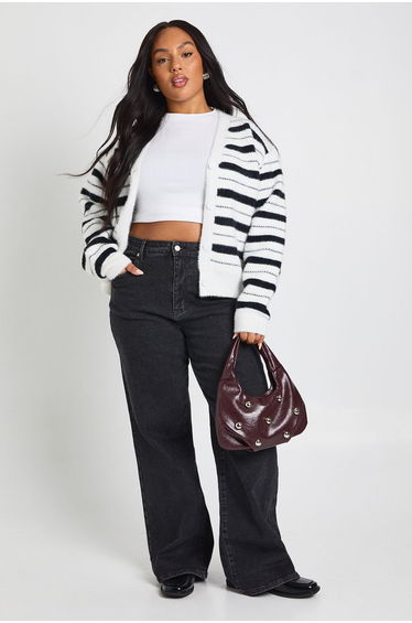 Plus Stripe V Neck Cardigan - black_white
