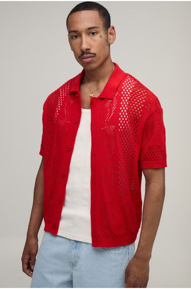 Relaxed Open Stitch Detail Knitted Shirt - red