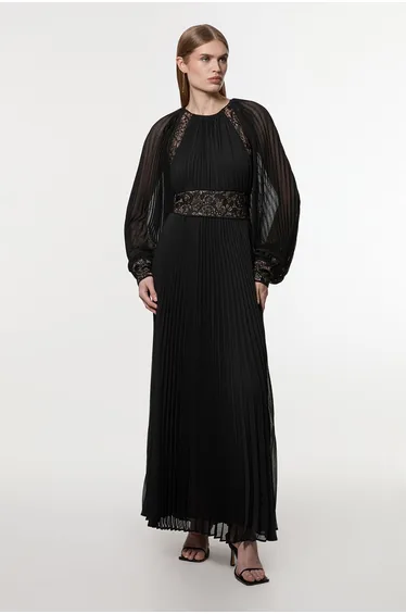 Petite Viscose Georgette Pleated Woven Maxi Dress With Sheer Lace Panel Detail