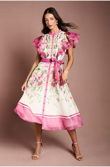 Ruffle Shoulder Floral Midi Dress