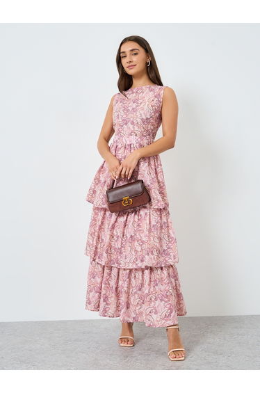Women Pink Paisley Print Tiered Maxi Dress