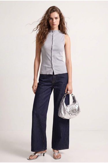 Grey Melange Fitted Mock Neck Buttoned Flounced/Ruffled Corded Fabric Stretchy Knitted Blouse