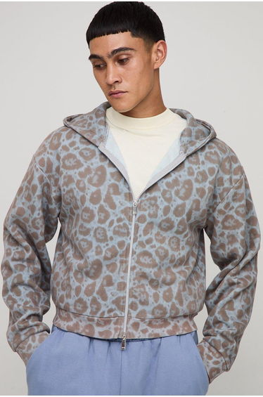 Shrunken Fit Leopard Print Zip Through Hoodie - grey