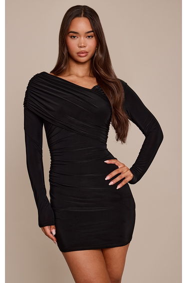 Black Slinky Wrap Off The Shoulder Mini Dress