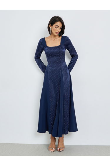 Blue Dot Print Square Neck Maxi Dress