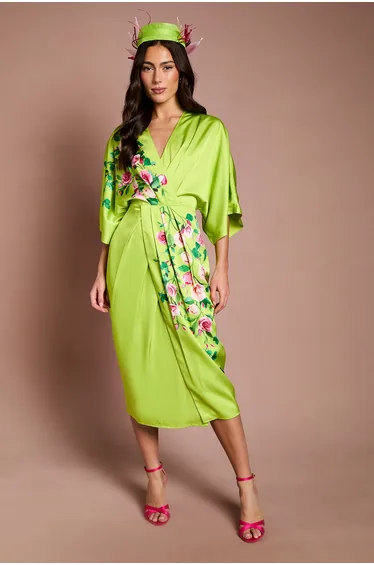 Lisa Tan Printed Kimono Crepe Midi Dress
