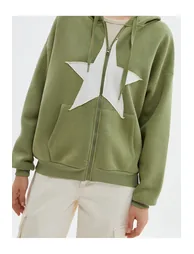 Oversize Zipper Hooded Sweatshirt Sharding Stars Applique Detail Cotton - 4