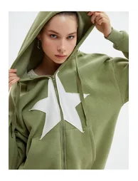 Oversize Zipper Hooded Sweatshirt Sharding Stars Applique Detail Cotton - 1