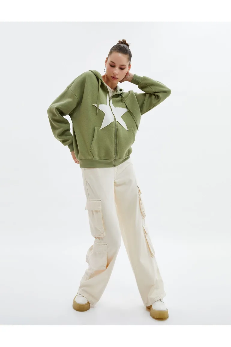 Oversize Zipper Hooded Sweatshirt Sharding Stars Applique Detail Cotton