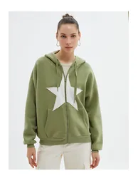 Oversize Zipper Hooded Sweatshirt Sharding Stars Applique Detail Cotton - 2