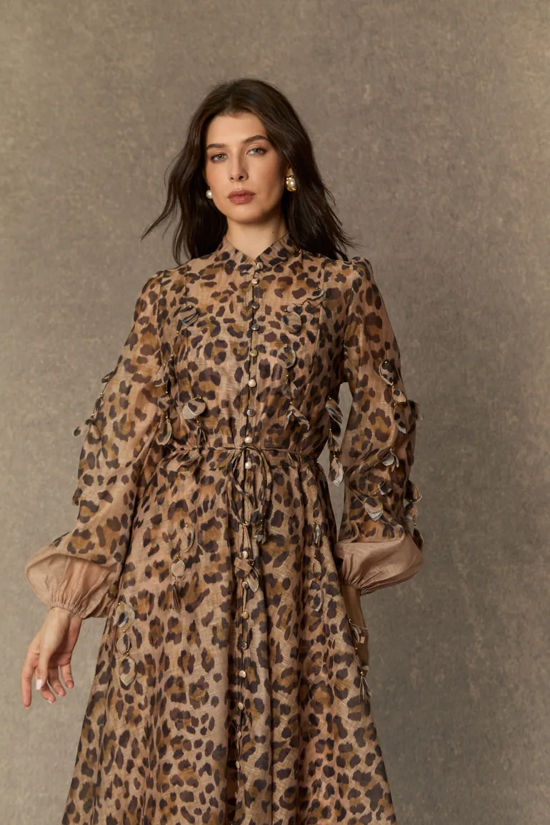 brown fitted midi dress Olive green crêpe dress with 3D leaf embellishment