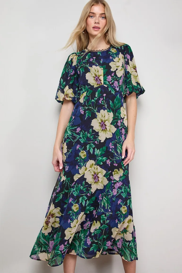 فستان اويسيس ميداكسي على شكل حرف A بطبعة أزهار - 1