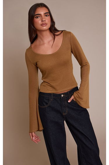 Tan Textured Jersey Scoop Neck Flared Long Sleeve Top