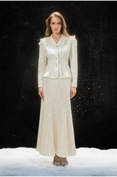 Romance Dreamer White V-Neck Embroidered Lace Jacket & Skirt Set