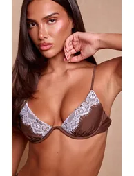 Chocolate Contrast Lace Detail Underwired Bikini Top - 1