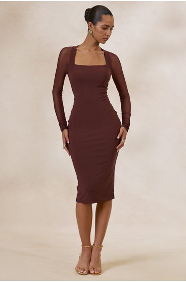 Off Track | Brown Bodycon Midi Dress With Sheer Sleeves