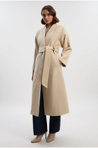 Brushed Wool Belted Wrap Tailored Maxi Coat