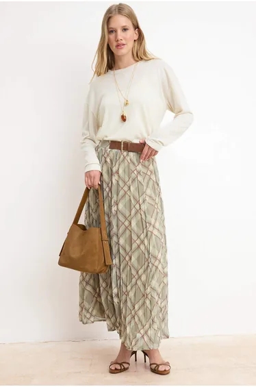Multi-Colored Lined Plaid/Checkered Woven Belt Detailed Hijab Skirt