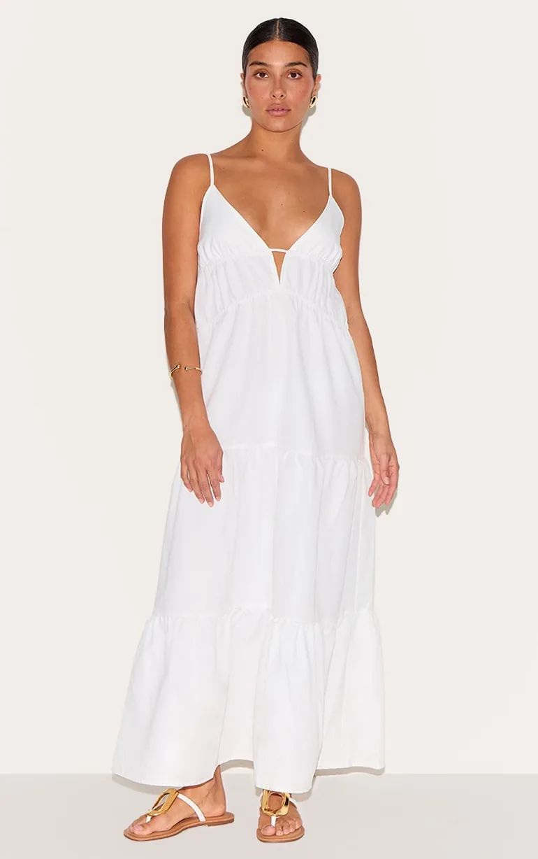 Petite White Strappy Tiered Maxi Dress Prettylittlething White : Dresses :  VogaCloset Kazakhstan