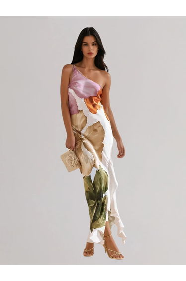 Gelyx One Shoulder Floral Ruffle Maxi Dress