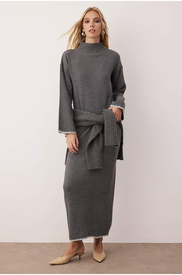 Anthracite Stitch Detailed Long Knit Dress