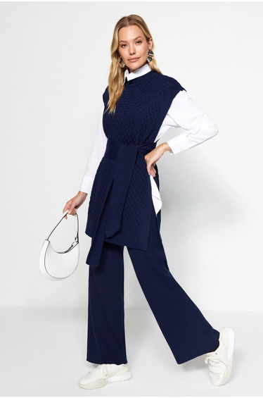 Navy Blue Belted Brass Knit Sweater-Pants