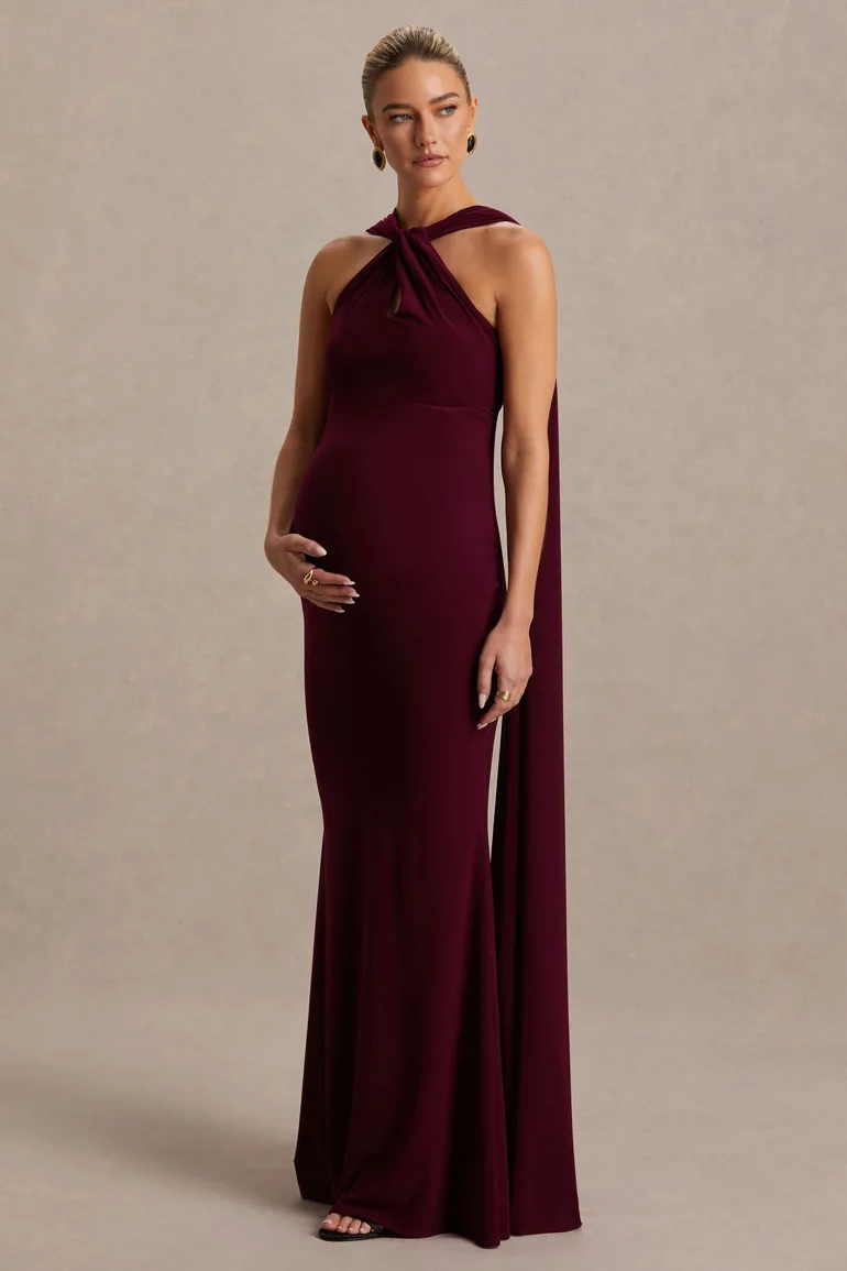 Lyra | Burgundy Cross Halter-Neck Maxi Dress