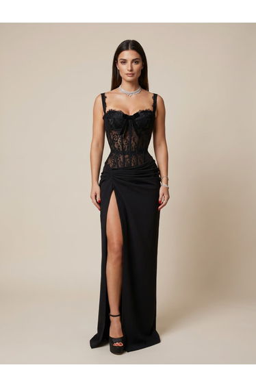 Lambdax Lace Split Bow Maxi Dress