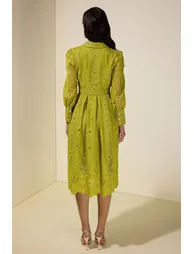 Lace Splicing Embroidered Single Breasted Midi Dress With Belt - 2